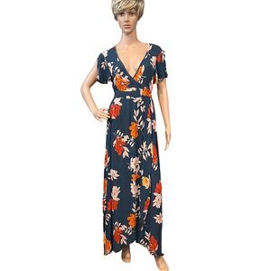 PATRONS OF PEACE Green Floral Maxi Dress Split Flutter Sleeves Sz M